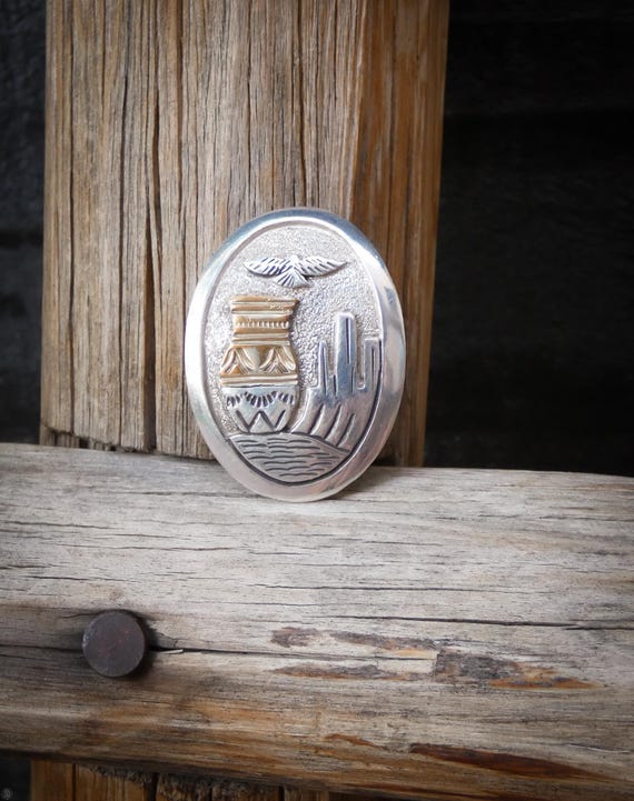 Navajo Silver Pin: Native American Sterling Silver Pottery 12KGF Oval Brooch