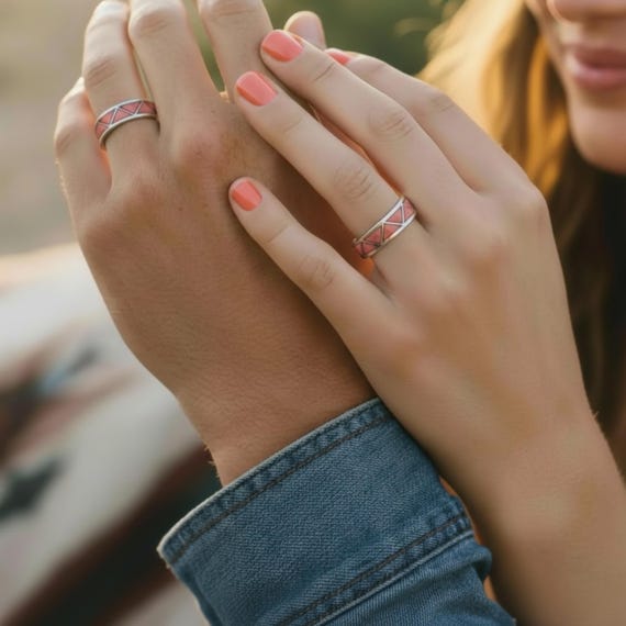 Zuni Rose Coral Wedding Anniversary Band: Vintage Native American Sterling Silver Ring size 5 & 11