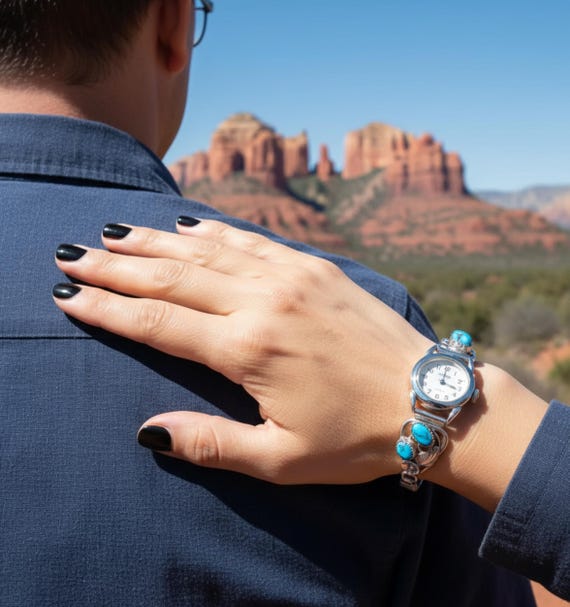 Vintage Navajo Turquoise Watch: Native American Sterling Silver Watchband For Women