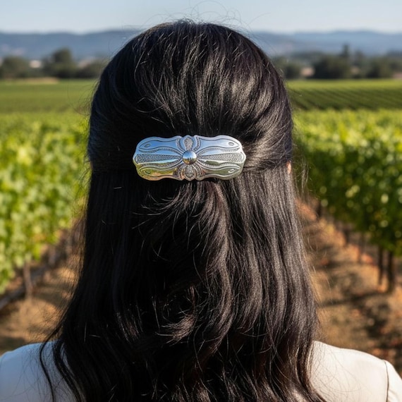 Navajo Sterling Silver X-Large Concho Barrette, Vintage Native American Hair Accessory