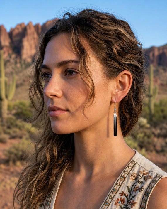 Navajo Bar Dangle Earrings: Native American Sterling Silver Track Earrings