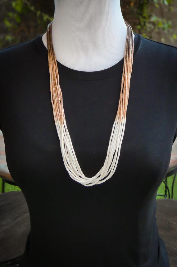 Zuni 10 Strand Brown Coconut Olivella Clam Shell Heishi Necklace, Authentic Native American Handmade Layered Necklace For Women