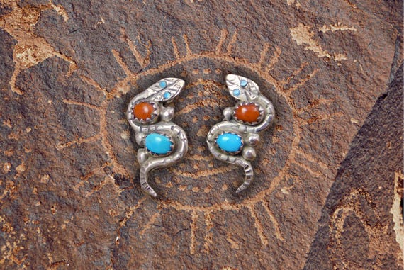 Snake Earrings, Zuni Sterling Silver Turquoise Coral Snake Earrings By Nieto, Earrings for Women