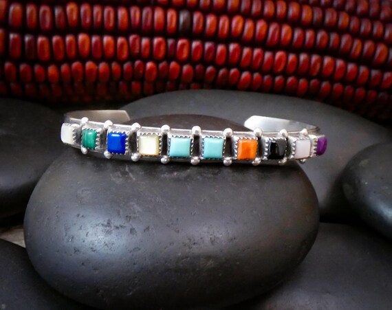 Native American Zuni Silver Turquoise Spiny Oyster Multi Stone Cuff Row Bracelet