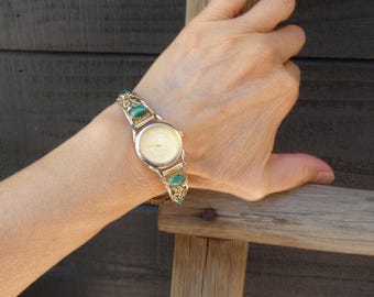 Navajo klockarmband, 12KGF guldfyllt sterlingsilver malakit damklockarmband