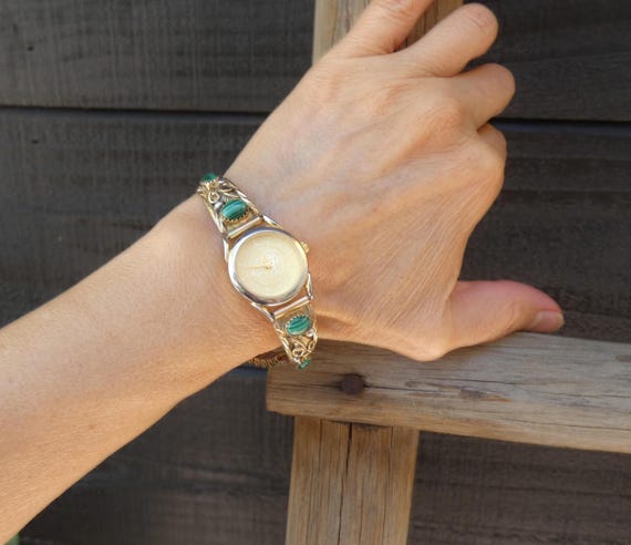 Navajo Watch Band, 12KGF Gold Fill Sterling Silver Malachite Women's Watchband