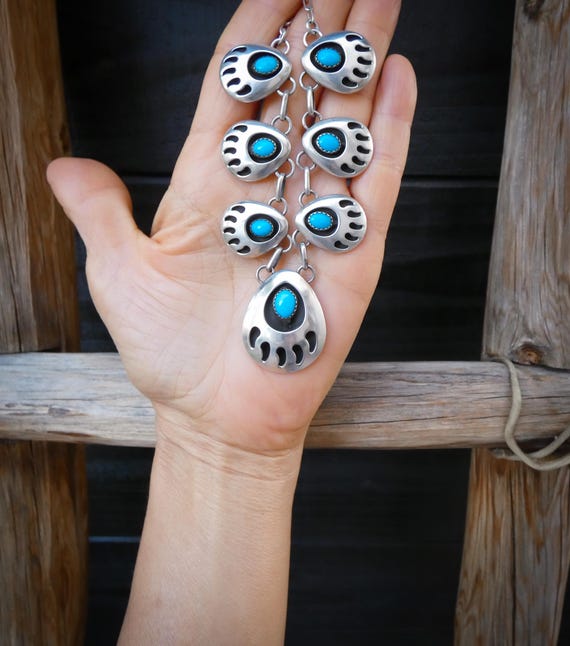 Navajo Turquoise Necklace Native American Vintage Sterling Silver Shadow Box Bear Paw Necklace Gift For Her, Signed Ella Peters