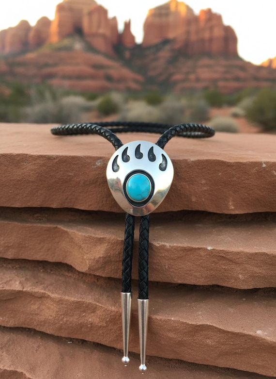 Navajo Silver Turquoise Bolo: Shadow Box Bear Paw Turquoise Bolo Tie