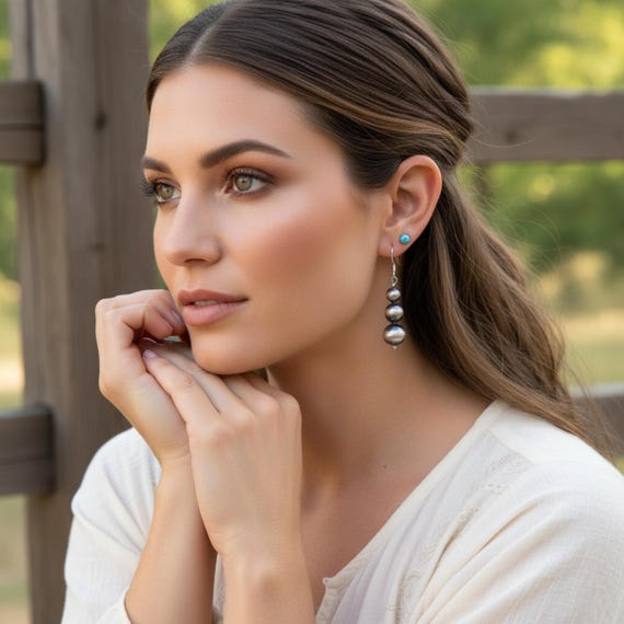 Navajo Pearl Dangle Earrings: Native American Sterling Silver Bead Earrings for Women