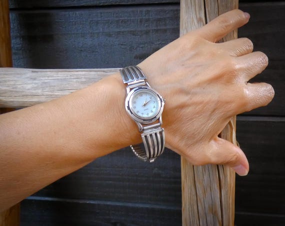 Native American Navajo Sterling Silver Track Watch For Women By Tom Hawk