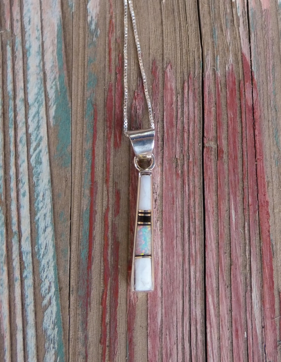 Navajo White Buffalo Onyx Opal Multi Inlay Silver Pendant & Chain Gift For Her