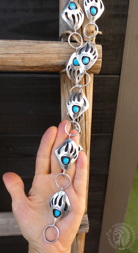 Navajo Silver Bear Paw Shadow Box Turquoise Adjustable Link Concho Belt