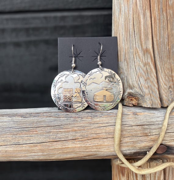 Navajo Earrings Native American Sterling Silver 12KGF Story Folk Art Reservation Life Dangle Earrings Gift For Her