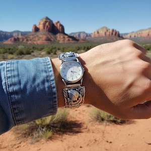 Correa de reloj para hombre estilo navajo nativo americano con hojas y volutas en plata esterlina