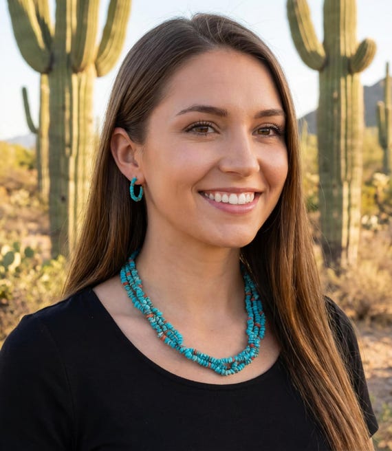 Navajo Turquoise Bead Necklace: Native American 3 Strand Coral Turquoise Necklace For Women
