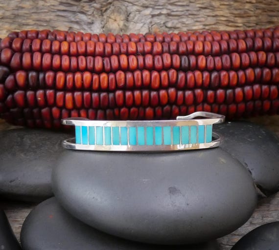 Zuni Native American Sterling Silver Turquoise Inlay Bracelet