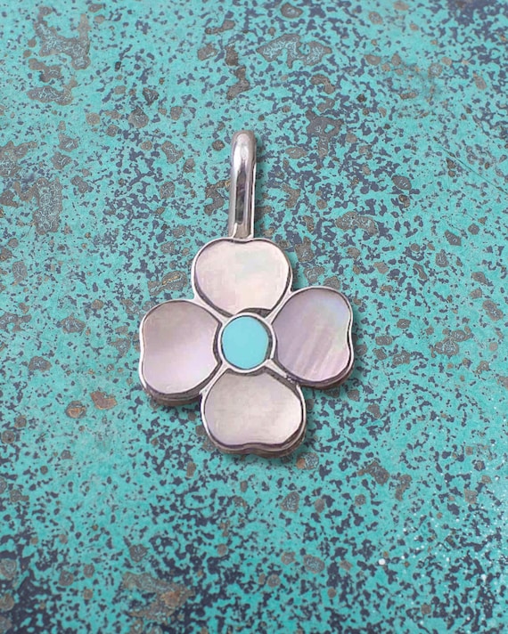 Zuni Turquoise Mussel Shell Flower Pendant & Chain, Native American Sterling Silver Mother of Pearl Turquoise Pendant, Pendant Gift For Her