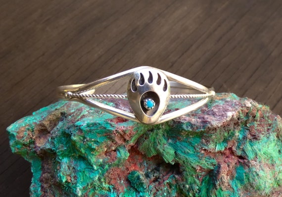 Native American Navajo Authentic Turquoise Bear Paw Shadow Box 925 Sterling Silver Women's Bracelet, Gift For Her