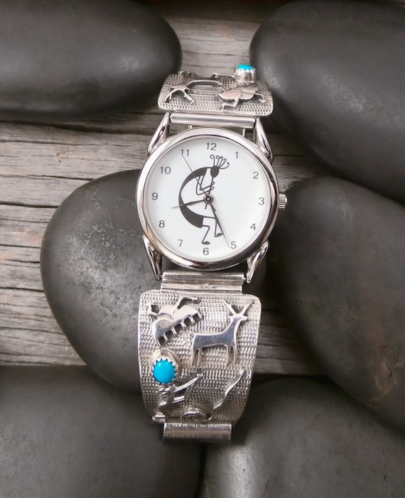 Navajo Men's Sterling Silver Turquoise Petroglyph Native American Cave Art Watch