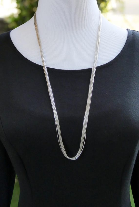 Liquid Silver Necklace, 10 Strand Liquid Silver Necklace 30 Inch, Layered Necklace