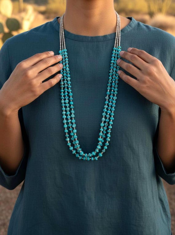 Santo Domingo Natural Turquoise Necklace: Native American 3 Strand Turquoise Bead Necklace