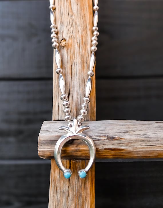 RARE Vintage Navajo Sterling Silver Naja Necklace Turquoise Pendant Signed Francis Jones Squash Blossom Silver Bead Necklace For Women