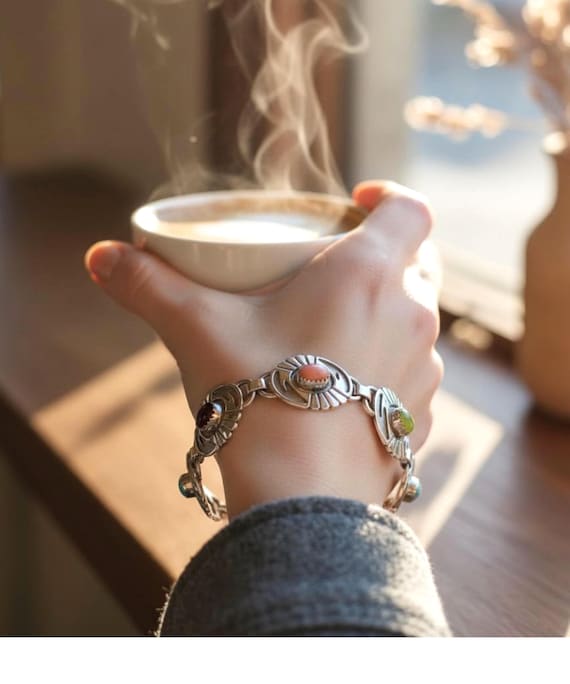 Native American Navajo Turquoise Garnet Rose Coral Multi Stone Sterling Silver Concho Link Bracelet, Gift For Her