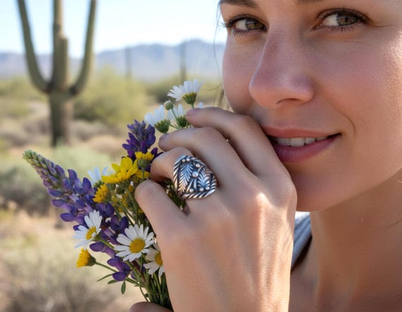 Navajo Silver Leaf Ring: Native American Vintage Ring for Women Size 7