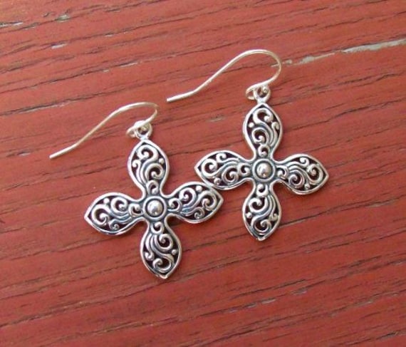 Cross Earrings: Delicate Filigree Sterling Silver Dangle Earrings