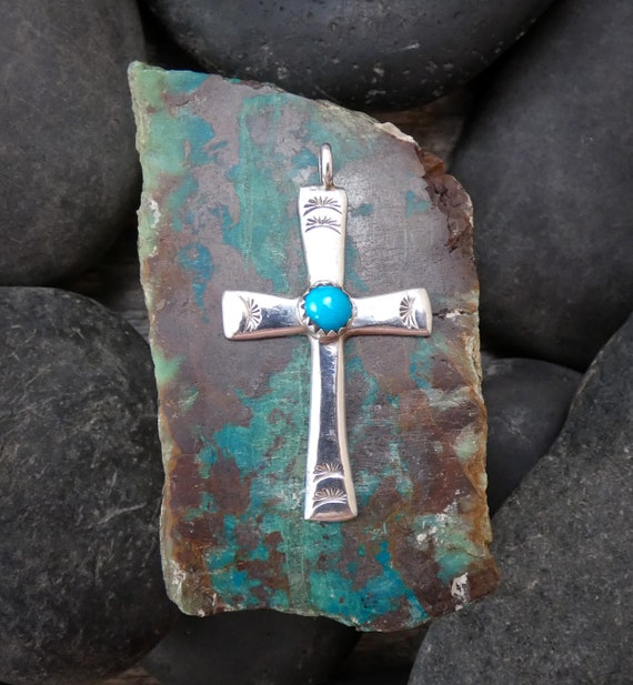 Navajo Silver Natural Turquoise Cross Pendant, Native American Small Handmade Cross Gift for Christians