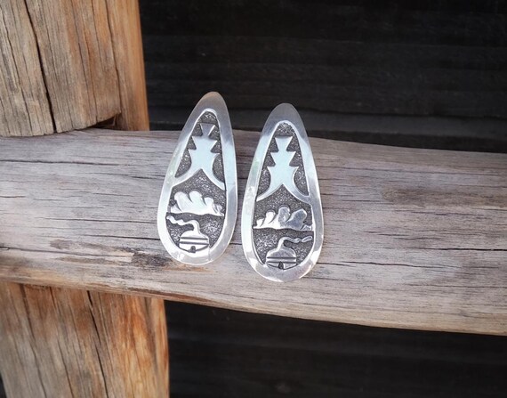 Native American Navajo Folk Art Sterling Silver Story Post Earrings