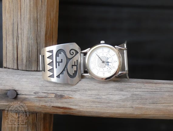 Native American Hopi Men’s 925 Sterling Silver Rain & Water Symbols Watch Band, Watch for Man