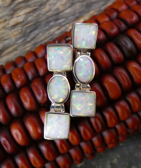 925 Sterling Silver Opal Inlay Dangle Post Earrings, Gift For Mom