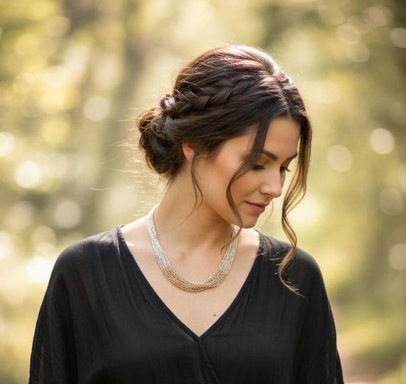 Liquid Silver Necklace: 12KGF 15 Strand Layered Necklace Earrings Set