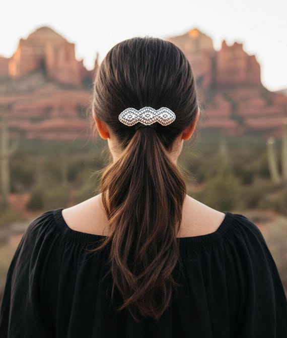 Navajo Silver Barrette Aztec Hand Stamped Native American Vintage Hair Clip