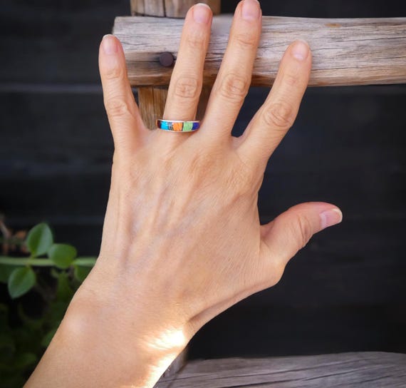 Navajo Turquoise Band Ring Silver Multi Inlay Size 5.5 - 8.5 Native American