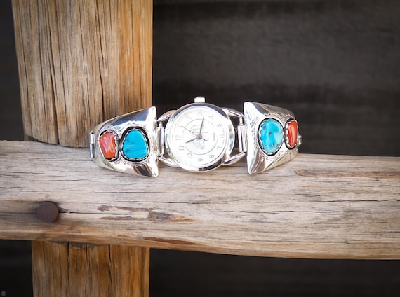Navajo Sterling Silver Turquoise Coral Women's Watch Band VTG