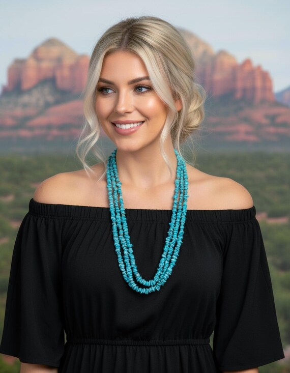 Natural Turquoise Necklace: Native American 3 Strand Turquoise Bead Necklace