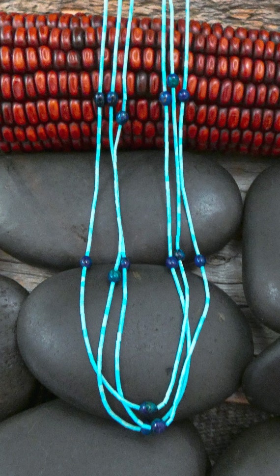 Native American Zuni Turquoise Lapis 3 Strand Heishi Choker Necklace, Delicate Layered Necklace