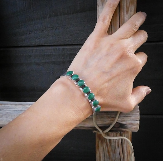 Navajo Sterling Silver Malachite Cuff Bracelet Signed, Native American Artist: D Coonsis