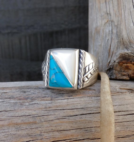 Vintage Navajo Sterling Silver Turquoise Mother of Pearl Inlay Men's Ring Size 9 Native American Jewelry Southwest Statement Ring For Men