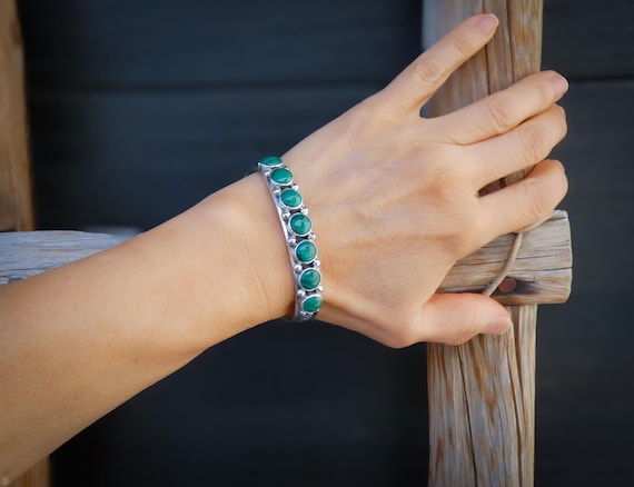 Navajo Silver Malachite Row Bracelet Signed D John, Native American Vintage Cuff