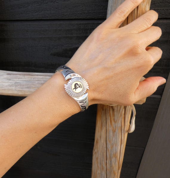Navajo Silver Cuff 14k Gold Kokopelli Bracelet Native American Kachina Bracelet For Women