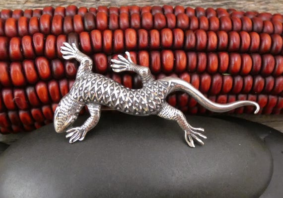 Vintage Handmade 925 Sterling Silver Gecko Pin Brooch / Reptile Jewelry