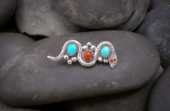 Zuni Turquoise Coral Snake Sterling Silver Pin Pendant By Nieto