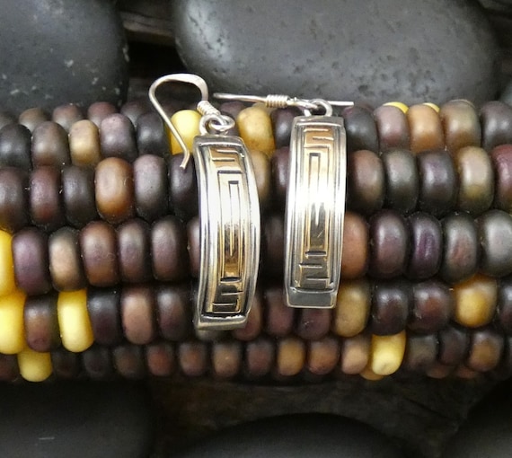 Vintage Navajo 14K Gold & Sterling Silver Curved Dangle Pierced Earrings, Handmade Jewelry Gift