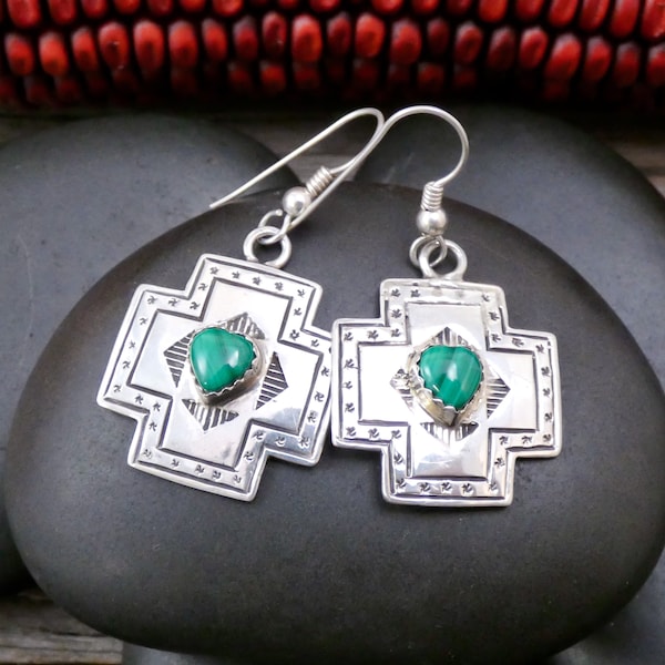 Native American Navajo Sterling Silver Malachite Heart Cross Dangle Earrings, Gift For Her, Handmade Jewelry Gift