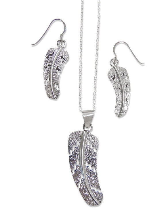 Native American Sterling Silver Feather Pendant Earrings Set, s
