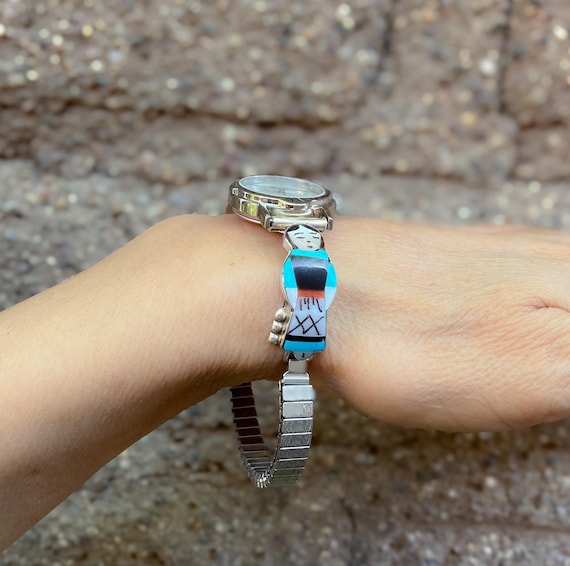Zuni Sterling Silver Turquoise Multi Inlay Maiden Watch For Women Native American Watch Band By Theresa Waseta