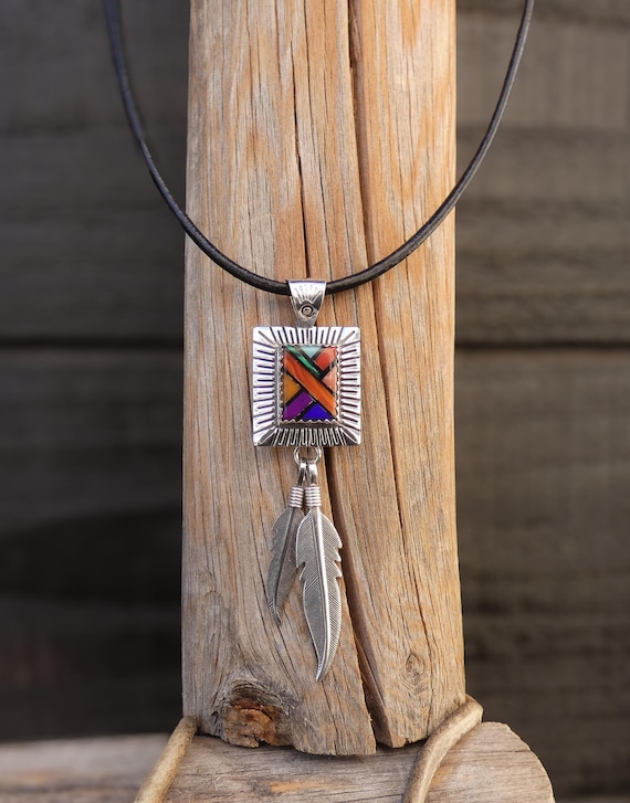 Native American Navajo Sterling Silver Lapis Malachite Multi Inlay Pendant For Women, Gift For Her
